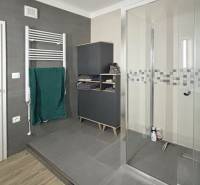 A bathroom with a spacious shower and a ladder radiator in a 3-room apartment.