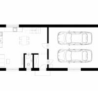 Floor plan of a 3-room apartment with a kitchen, living room, and double garage.