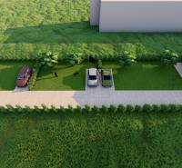 Aerial view of a family house with two cars and a green lawn.