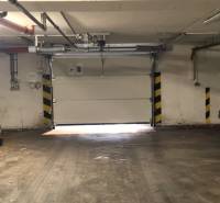 Garage building with a concrete floor and a garage door.