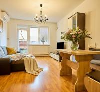 Living room in a two-room apartment with a wooden decor floor and a sofa.