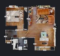 The floor plan shows a 2-room apartment with a bedroom, living room, kitchen, and bathroom.