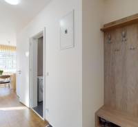 A hallway with a wooden decor floor and a coat rack in a 2-room apartment.