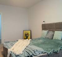 Bedroom in a 4-room apartment with a large bed, wooden decor flooring, and decoration.
