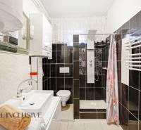 Bathroom with a shower, sink, and mirror in a family house.
