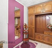 Interior of a family house with a coat closet, mirror, and decorations on a purple wall.