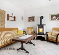 Living room in a family house with a fireplace, sofa, and wooden table.