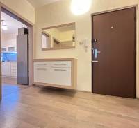 The hallway of a 2-room apartment with a wooden decor floor and a view into the kitchen.