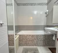 A bathroom in a 2-room apartment with a bathtub, washing machine, and mosaic tiles.