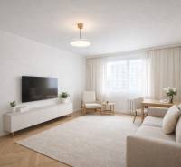 Living room in a studio apartment with wood-patterned flooring, light furniture, and a television.