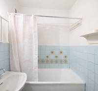 A bathroom in a studio apartment with a bathtub, a sink, and light blue tiles.