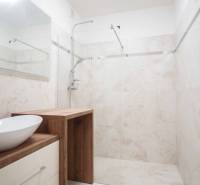 A bathroom in a family house with a sink and a shower, wood decor and light tiles.