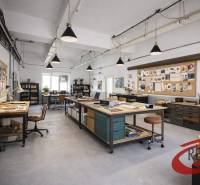 Spacious office with desks, bulletin boards, and plants on a light floor.