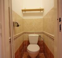 A toilet with tiles in a 3-room apartment with a practical shelf.