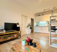 Living room in a two-room apartment with a wooden decor floor, tastefully furnished and cozy.