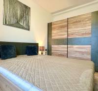 Bedroom in a 2-room apartment with a wood-decor floor and a spacious wardrobe.