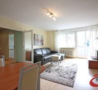 Living room in a three-room apartment with a wooden decor floor and a black sofa.