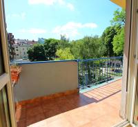 A balcony of a 3-room apartment with a view of greenery and other buildings.
