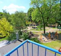 A children's playground surrounded by trees, a parking lot with cars, blue railing.