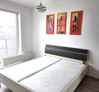 A bedroom with a double bed, a lamp, and paintings in a studio apartment.