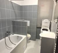 Bathroom with a bathtub, sink, and washing machine in a studio apartment.