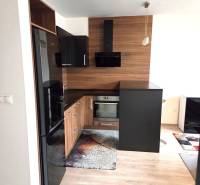 A kitchen in a studio apartment with dark furniture and a wooden decor floor.