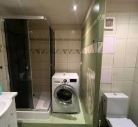 Bathroom in a 2-room apartment with a washing machine, shower, and toilet.