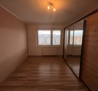 A room with a wooden decor floor and a large built-in wardrobe in a 2-room apartment.