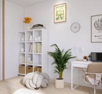 A workspace in a 3-room apartment with decorations, a plant, and white furniture.