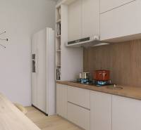 A kitchen with a wooden decor floor, a clock, and modern appliances in a 3-room apartment.