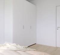 A bedroom with a white wardrobe, a green wall, and plants in a three-room apartment.