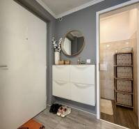 Hallway in a 2-room apartment with a wall mirror and a shoe cabinet, entrance to the bathroom.