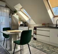 Kitchen in a 2-room apartment with slanted ceilings, skylights, and furniture.