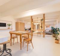 Interior of a 3-room apartment with a dining table, wooden decor, and plants.