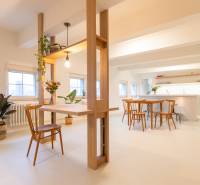A bright interior of a 3-room apartment with wooden decor and houseplants.