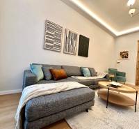 Living room with a sofa, wood-patterned flooring, and artworks in a 2-room apartment.
