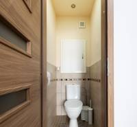 A toilet with ceramic tiles and a wooden decor floor in a 3-room apartment.