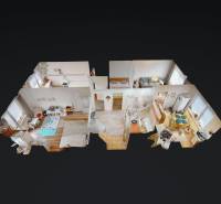 3D floor plan of a 3-room apartment with a wooden decor floor, cozy room layout.