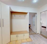 A hallway in a 3-room apartment with coat hooks, a wardrobe, and a wooden decor floor.
