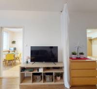 Living room with a television and decorations, next to the doors to other rooms in a 3-room apartment.