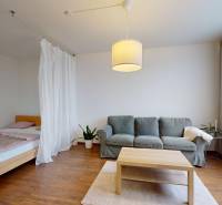Living room in a 3-room apartment with a wooden decor floor, a sofa, and a bed.