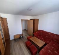 Living room in a 5 or more room apartment with a red sofa and a floor with a wood decor.