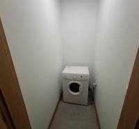 A washing machine in a narrow room with a wooden decor floor in a 5 or more room apartment.
