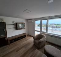 Living room with wood-patterned flooring and a comfortable armchair in a five or more room apartment.