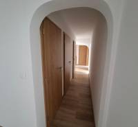 A hallway in a 5 or more room apartment with a wooden decor floor and wooden doors.