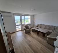 Living room with a large sofa and a view in a 5 or more room apartment, floor with wood decor.