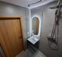 A bathroom in a 5 or more room apartment with an economical shower cabin and lighting.