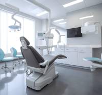 Dentist chair with modern equipment in commercial premises, white walls, large windows.