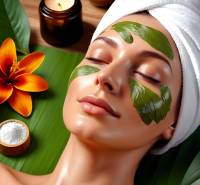 A woman with a mask made of leaves in a salon business space, surrounded by flowers and candles.