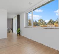 A spacious interior of a 3-room apartment with wooden decor flooring and large windows.